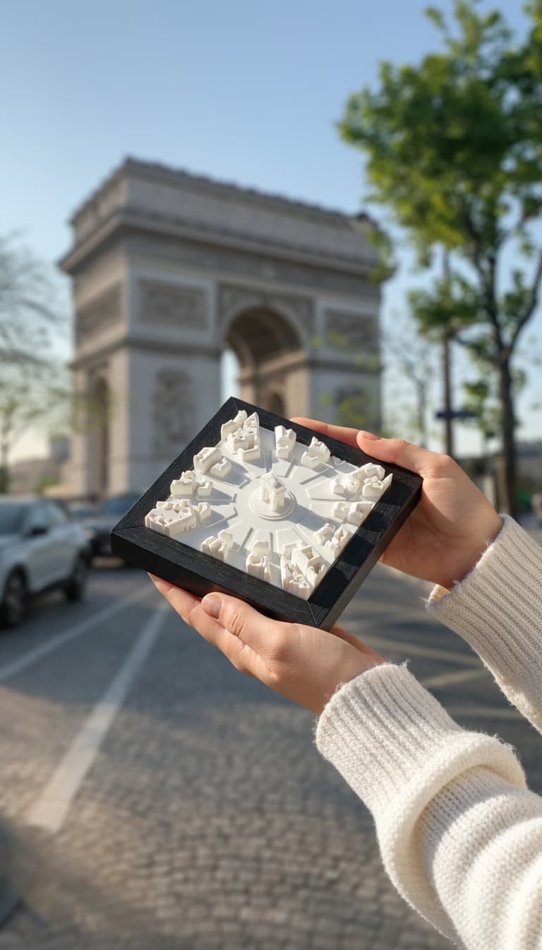 Le cadre Arc de Triomphe tenu à la main sur l’avenue, face à l’Arc