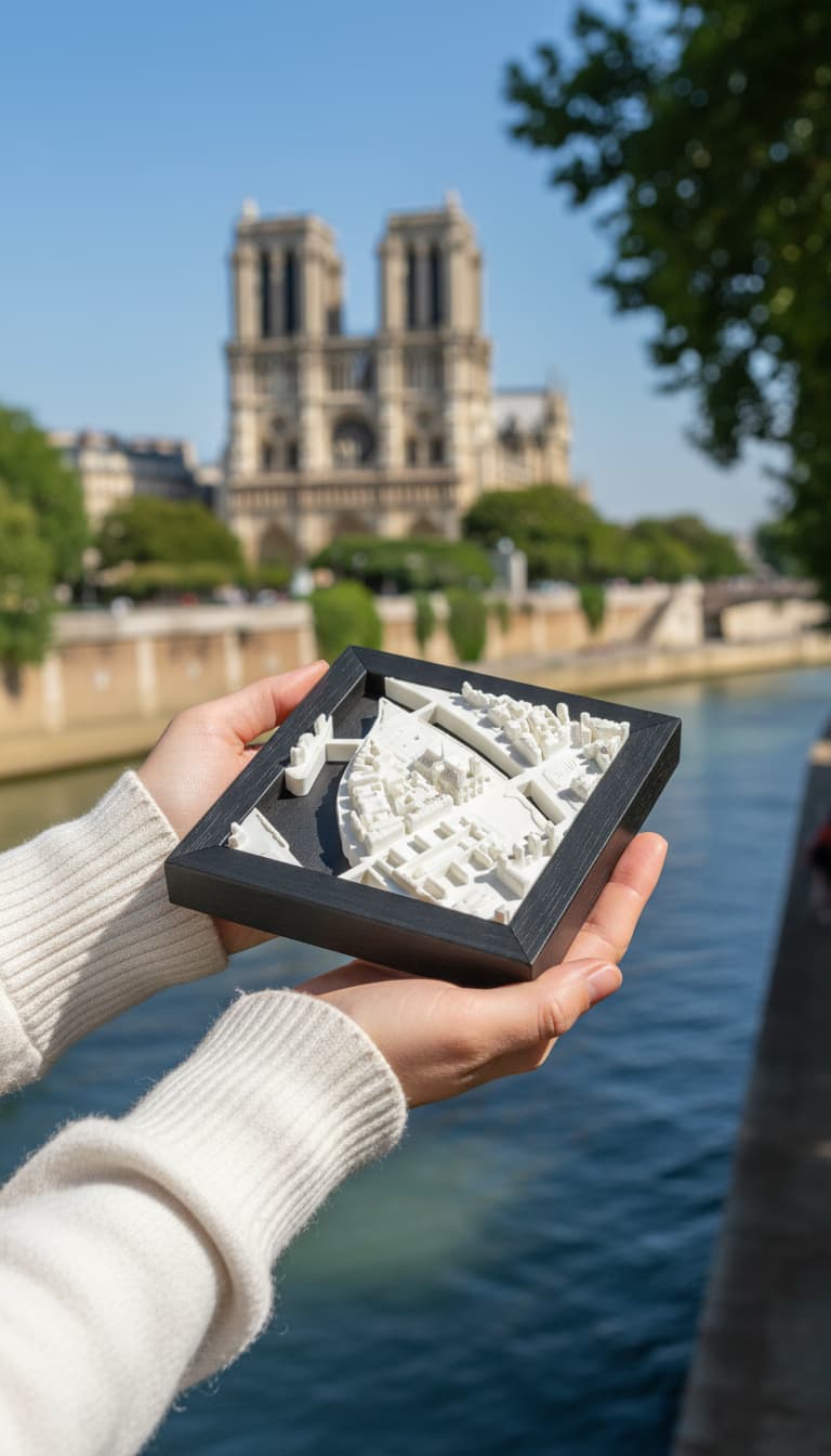 Le cadre Notre-Dame tenu à la main au bord de la Seine, face à la cathédrale
