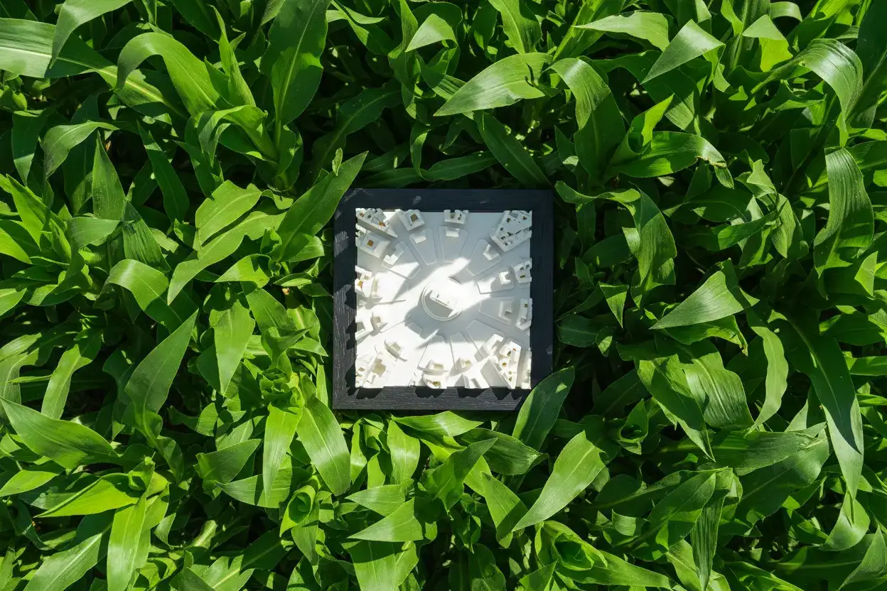 Un relief encadré posé dans des feuilles de maïs