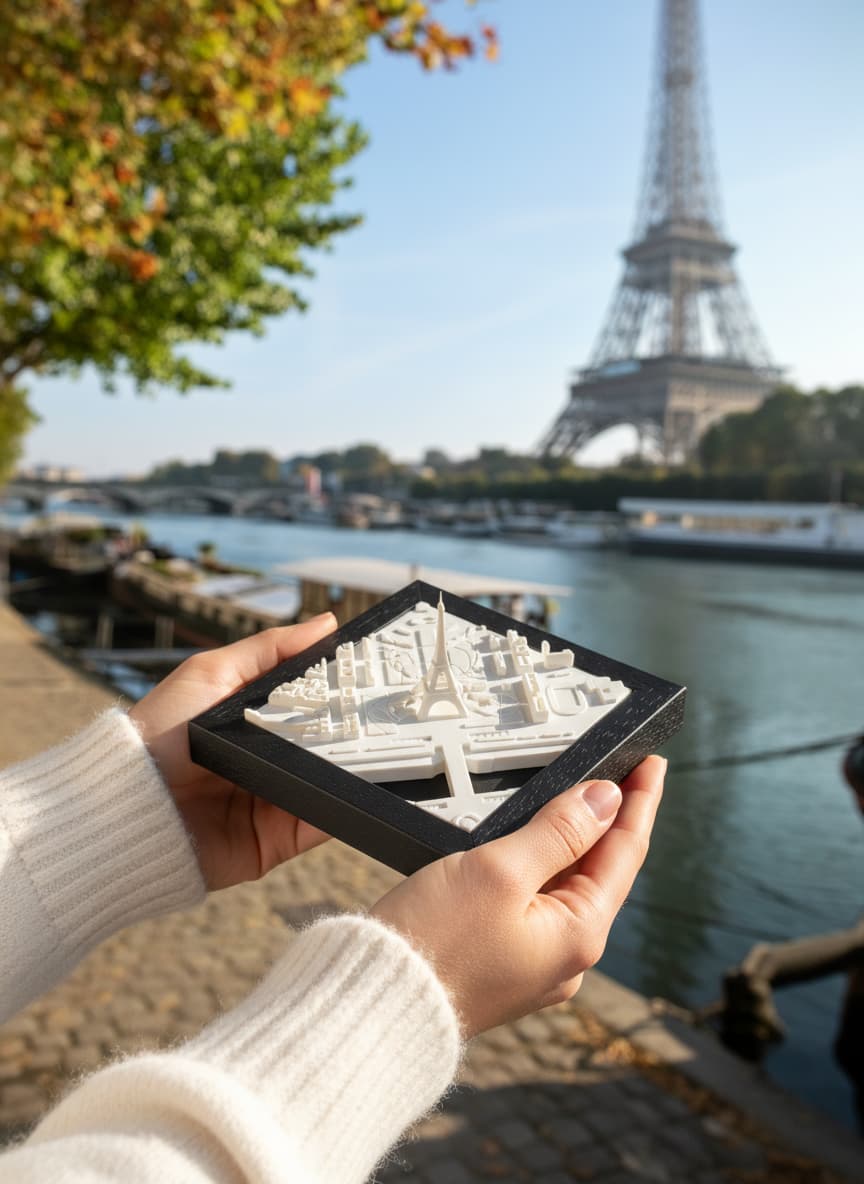 Le cadre Tour Eiffel tenu à la main sur les quais, face à la tour